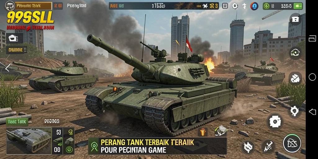 Screenshot utama 99SLL dengan tampilan antarmuka pertempuran tank.