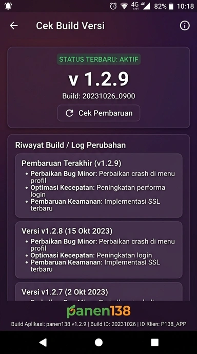 Tampilan riwayat versi panen138